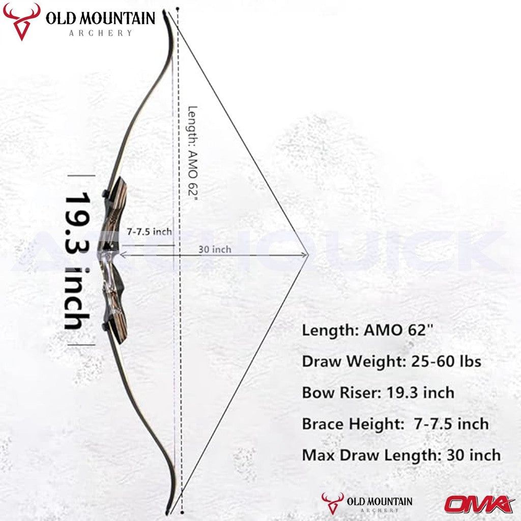 Old Mountain Archery Tachyon T/D Recurve Bow 62inch 20-60lb R/L Hunting & Target
