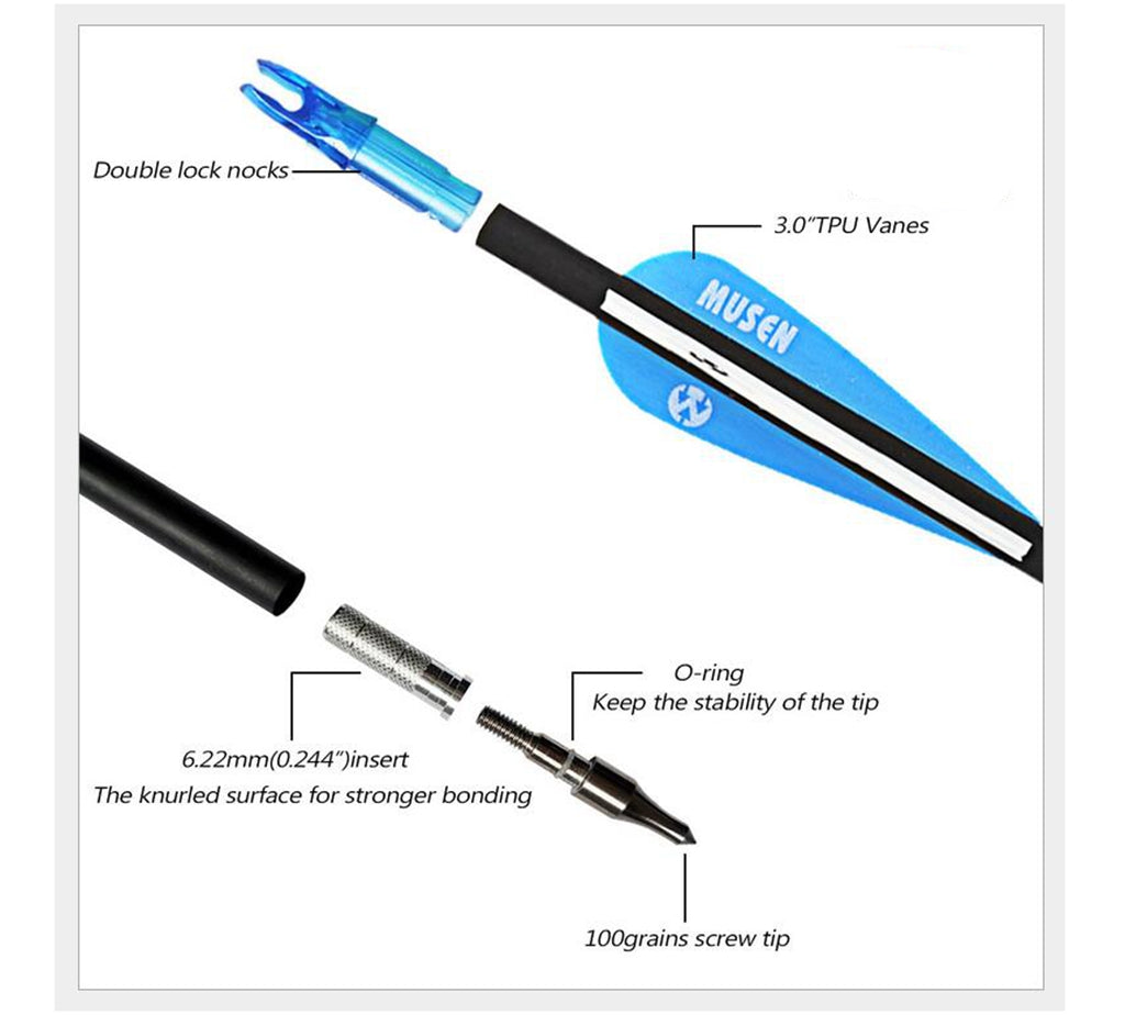 12x MS archery Carbon Arrows 30 Inch OD 7.8mm Spine 500 for Recurve Bow Hunting