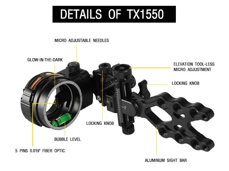 Topoint 5 Pin Compound Bow Sight Micro Adjustable Bow Sight TX1550