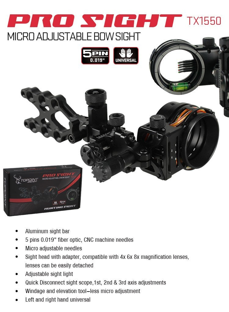 Topoint 5 Pin Compound Bow Sight Micro Adjustable Bow Sight TX1550