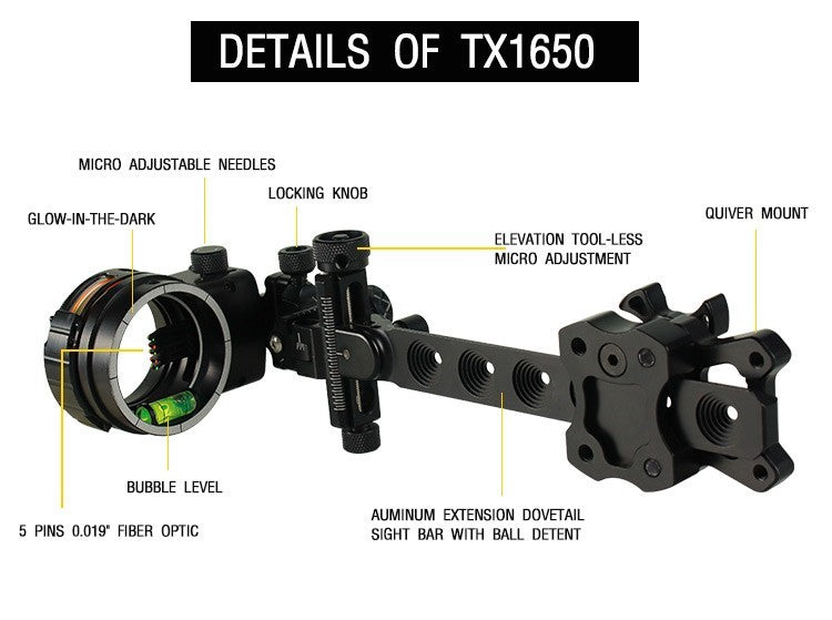 Topoint 5 Pin Compound Bow Sight Micro Adjustable Bow Sight TX1650