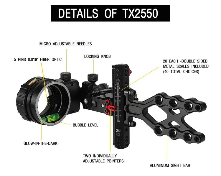 Topoint 5-Pin Compound Bow Sight Micro Adjustable Bow Sight TX2550