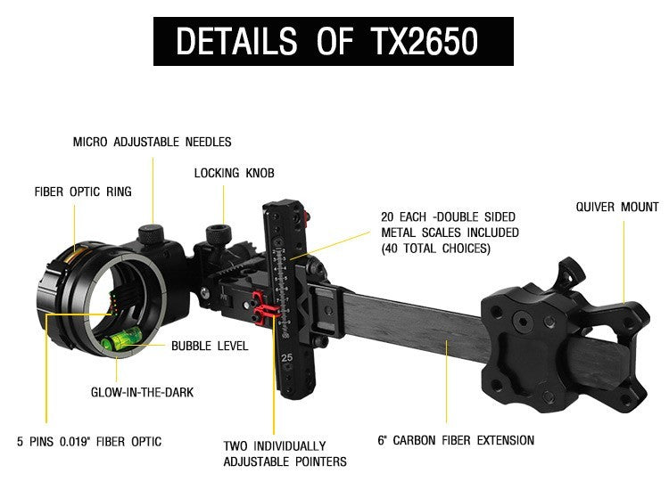 Topoint 5-Pin Compound Bow Sight Micro Adjustable Bow Sight TX2650